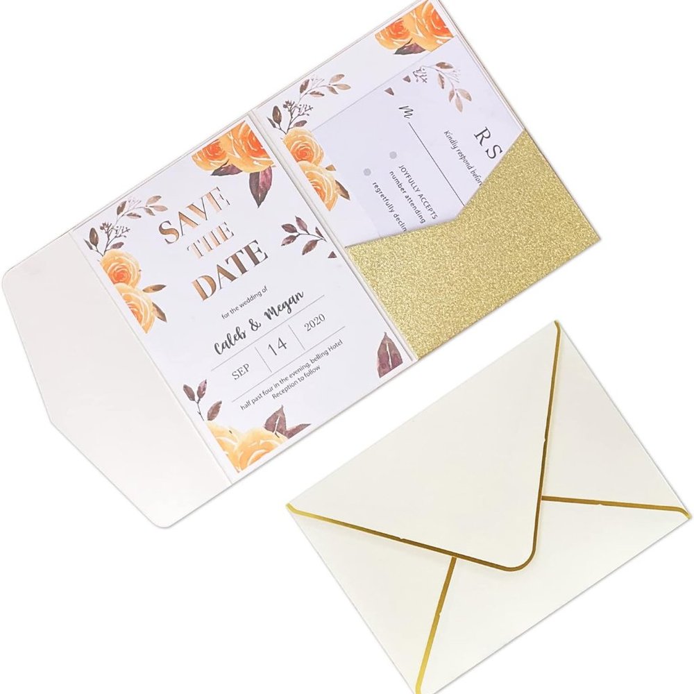Fashmade 50Kit Gold Wedding invitations with rsvp cards and envelopes